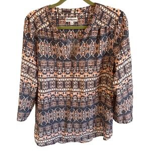 Kim Rogers Womens Large Top Blouse 3/4 Sleeve Geometric Print Career Casual